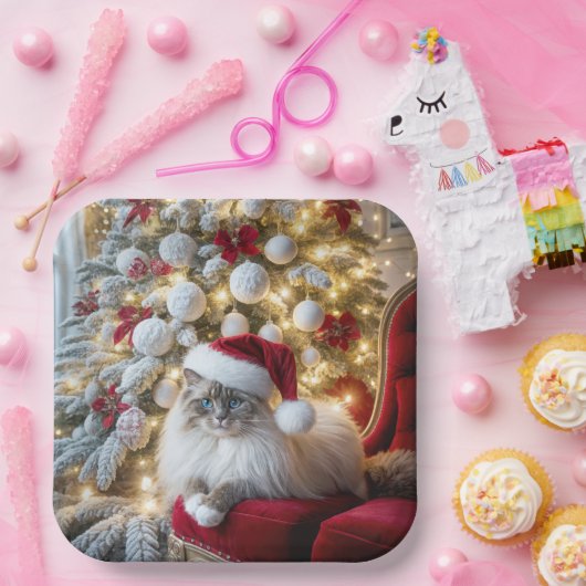 Kerst Ragdoll Cat op rode  stoel Papieren Bordje (Feest)