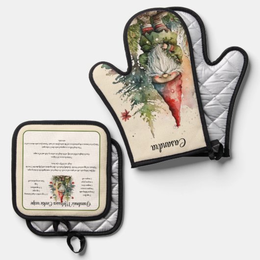 Kerst Recept Keepsake Cookies Gnome Ovenwant & Pannenlap Set (Voorkant / Achterkant)