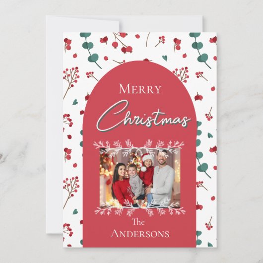 Kerst Red Arch Botanisch gebladerte Familiefoto Feestdagenkaart (Voorkant)