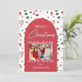 Kerst Red Arch Botanisch gebladerte Familiefoto Feestdagenkaart (Staand voorkant)