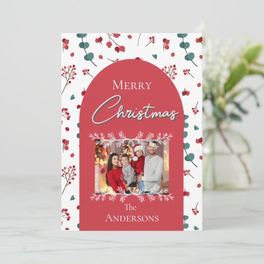 Kerst Red Arch Botanisch gebladerte Familiefoto Feestdagenkaart (Staand voorkant)
