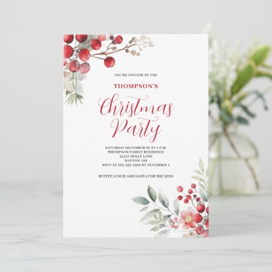 Kerst Red Berry Bloemen Party Uitnodiging (Staand voorkant)