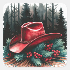 Kerst Red Cowboy Pet met rode bessen Vierkante Sticker
