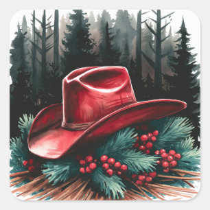 Kerst Red Cowboy Pet met rode bessen Vierkante Sticker