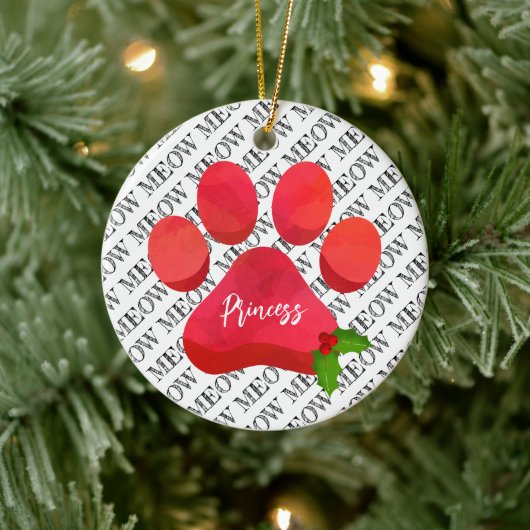 Kerst Red Paw Print MEOW Kattennaam Holly Fun Keramisch Ornament (Boom)