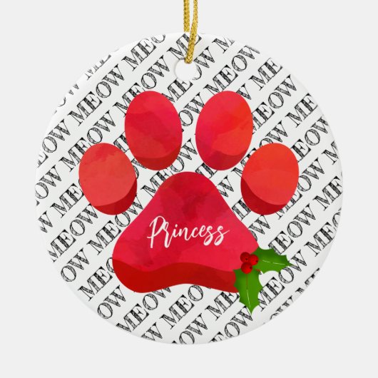 Kerst Red Paw Print MEOW Kattennaam Holly Fun Keramisch Ornament (Voorkant)