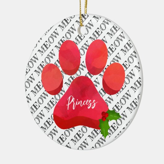 Kerst Red Paw Print MEOW Kattennaam Holly Fun Keramisch Ornament (Links)