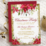 Kerst Red Poinsettia Floral Gold Glitter Kaart<br><div class="desc">Modern Elegant Christmas Party Waterverf Poinsettia Bloemenuitnodiging - Gouden Glitter Lijst,  Rood Terug</div>