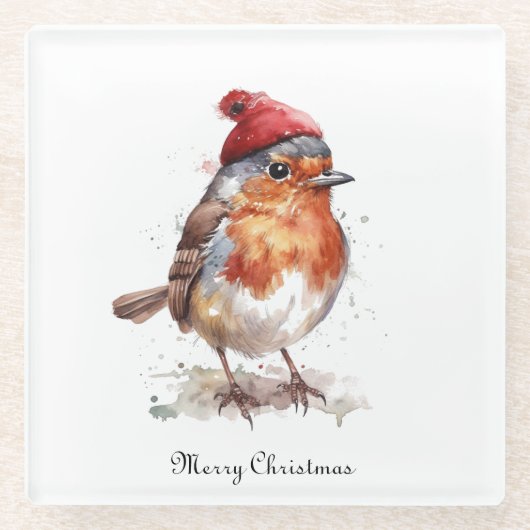 Kerst Red Robin, aanpasbaar Glazen Onderzetter (Voorkant)