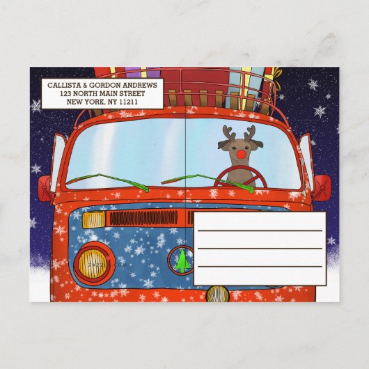 Kerst Red Van Reindeer Cadeaus Snow Save Date Aankondigingskaart (Achterkant)