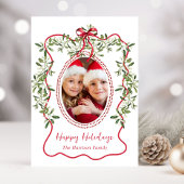 Kerst Red Wavy Lijst Bow Greenery Foto Feestdagenkaart