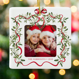 Kerst Red Wavy Lijst Bow Greenery Foto Keramisch Ornament