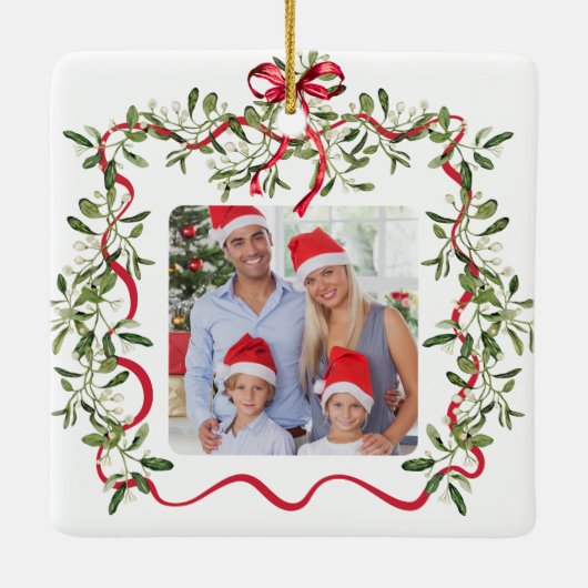 Kerst Red Wavy Lijst Bow Greenery Foto Keramisch Ornament (Achterkant)