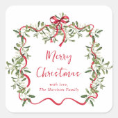 Kerst Red Wavy Lijst Bow Greenery Vierkante Sticker (Voorkant)