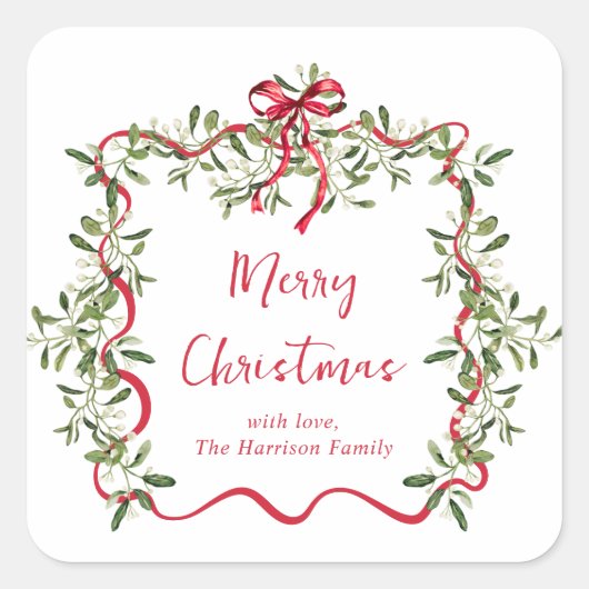 Kerst Red Wavy Lijst Bow Greenery Vierkante Sticker (Voorkant)