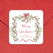 Kerst Red Wavy Lijst Bow Greenery Vierkante Sticker