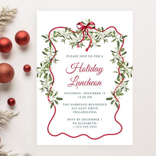 Kerst Red Wavy Lijst Greenery Holiday Luncheon Kaart