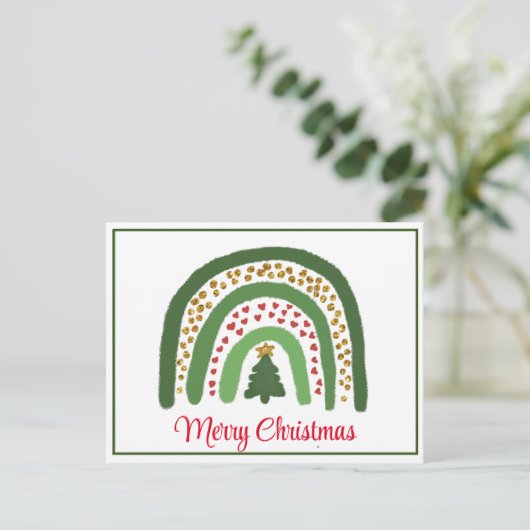 Kerst regenboog glitter rood goud groen briefkaart (Staand voorkant)