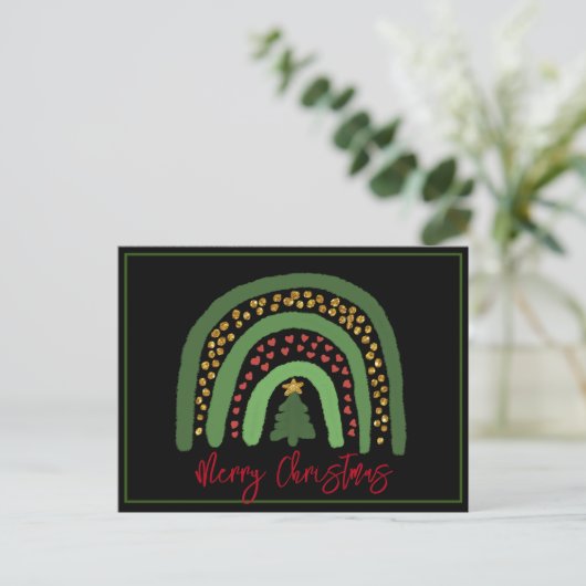 Kerst regenboog glitter rood goud groen briefkaart (Staand voorkant)
