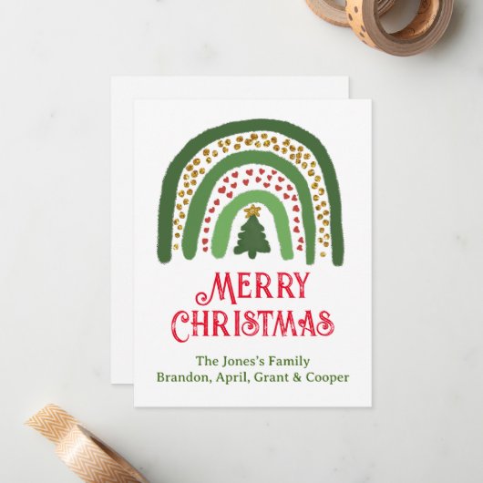 Kerst regenboog glitter rood goud groen notitiekaartje (Voorkant / Achterkant in situ)