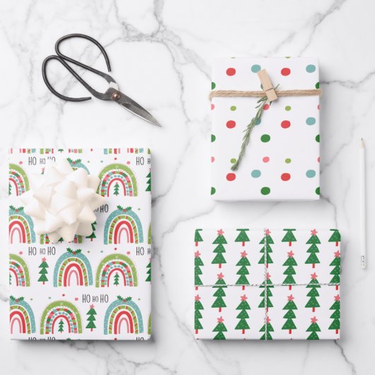 Kerst Regenboog Inpakpapier Set Bomen, Stippen Vel (Voorkant)