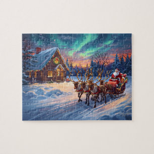 Kerst Reindeer Blokhut Noorderlicht Kerstmis Legpuzzel