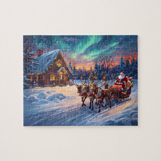 Kerst Reindeer Blokhut Noorderlicht Kerstmis Legpuzzel (Horizontaal)