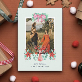 Kerst Reindeer Botanische Rode Bloem Foto Feestdagenkaart