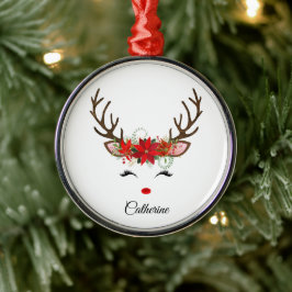 Kerst-reindeer met bloemen en gepersonaliseerde na metalen ornament