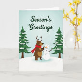 Kerst Reindeer Sneeuwman Kaart (Gele Bloem)