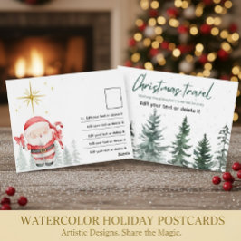 Kerst Reizen Waterverf Kerstman Dennenbomen Briefkaart