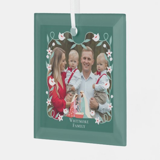 Kerst Religieuze Kerstmisscène Foto Keepsake Glas Ornament (Voorkant links)