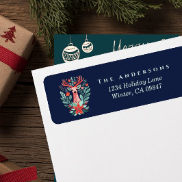 Kerst Rendier Bloemen Blauw Adres Label