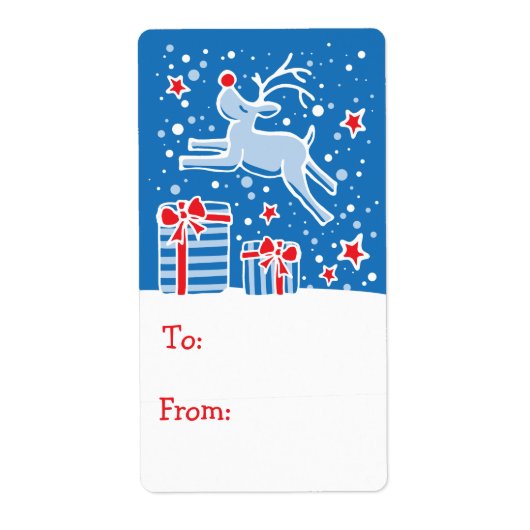 Kerst rendier cadeau label blauw (van en naar) (Voorkant)