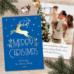 Kerst Rendier Custom Foto Blauw Goud Bewerkbaar Folie Feestdagenkaart<br><div class="desc">Elegante gouden folie kerstkaarten met een Art Deco stijl en je eigen gepersonaliseerde foto op de achterkant. Deze bewerkbare sjabloon heeft een springend rendier met feestelijke bladeren, bessen en sterren. Een stijlvol kleurenpalet van blauw, wit en echte folie in goud, zilver of roos goud. De tekst kan worden gepersonaliseerd met...</div>