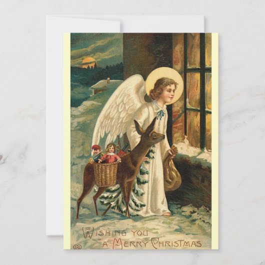 Kerst rendier en engel vintage notitiekaartje (Voorkant)