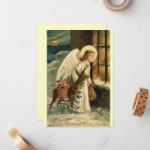 Kerst rendier en engel vintage notitiekaartje (Voorkant / Achterkant in situ)