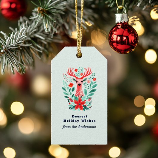 Kerst Rendier Floral Mint Vakantie Cadeaulabel