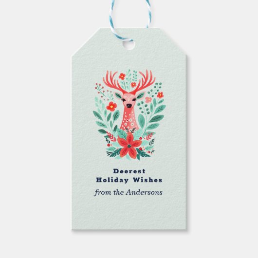 Kerst Rendier Floral Mint Vakantie Cadeaulabel (Voorkant)