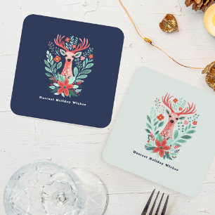 Kerst Rendier Floral Mint Vakantie Kartonnen Onderzetters