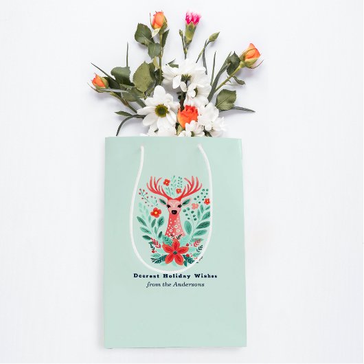 Kerst Rendier Floral Mint Vakantie Medium Cadeauzakje