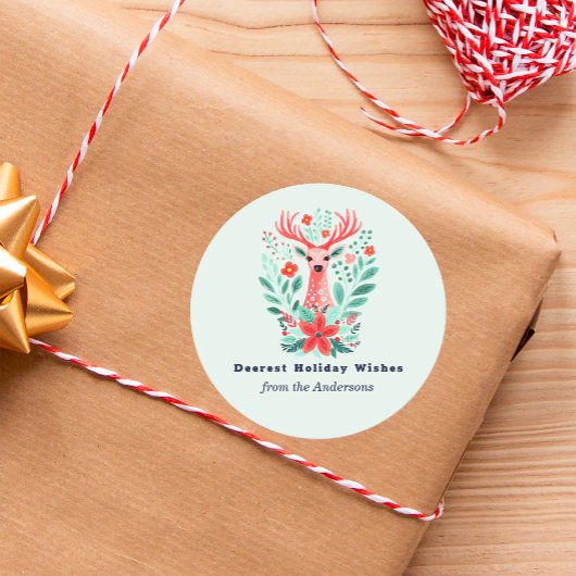 Kerst Rendier Floral Mint Vakantie Ronde Sticker