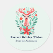 Kerst Rendier Floral Mint Vakantie Ronde Sticker (Voorkant)