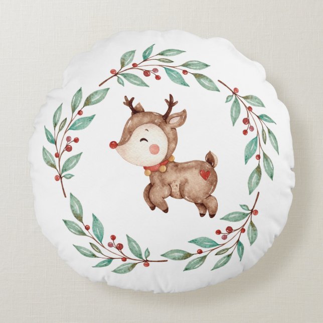 Kerst Rendier Kerstkrans Rond Kussen (Voorkant)