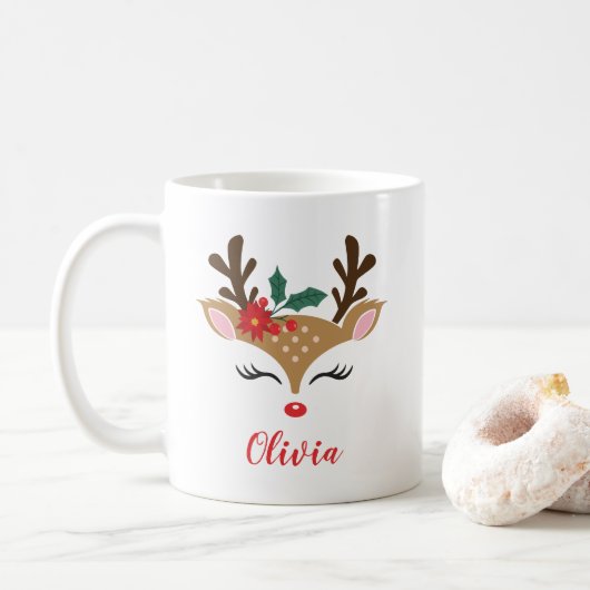 Kerst Rendier Lief Gezicht Koffiemok (Met donut)