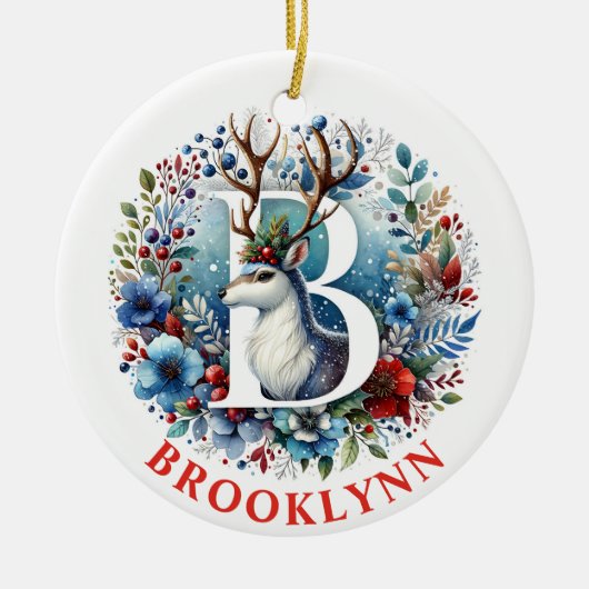 Kerst Rendier Monogram Letter B Aangepaste naam Keramisch Ornament (Voorkant)
