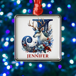 Kerst Rendier Monogram Letter J Aangepaste naam Metalen Ornament