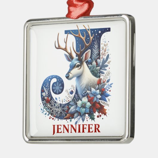 Kerst Rendier Monogram Letter J Aangepaste naam Metalen Ornament (Links)
