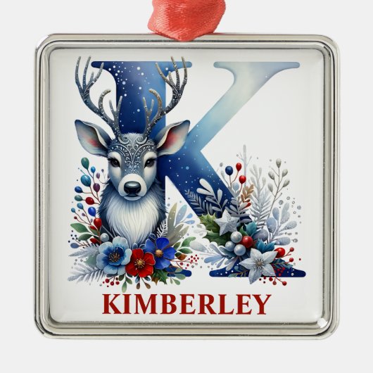 Kerst Rendier Monogram Letter K Aangepaste naam Metalen Ornament (Voorkant)