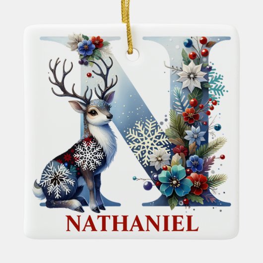 Kerst Rendier Monogram Letter N Aangepaste naam Keramisch Ornament (Voorkant)